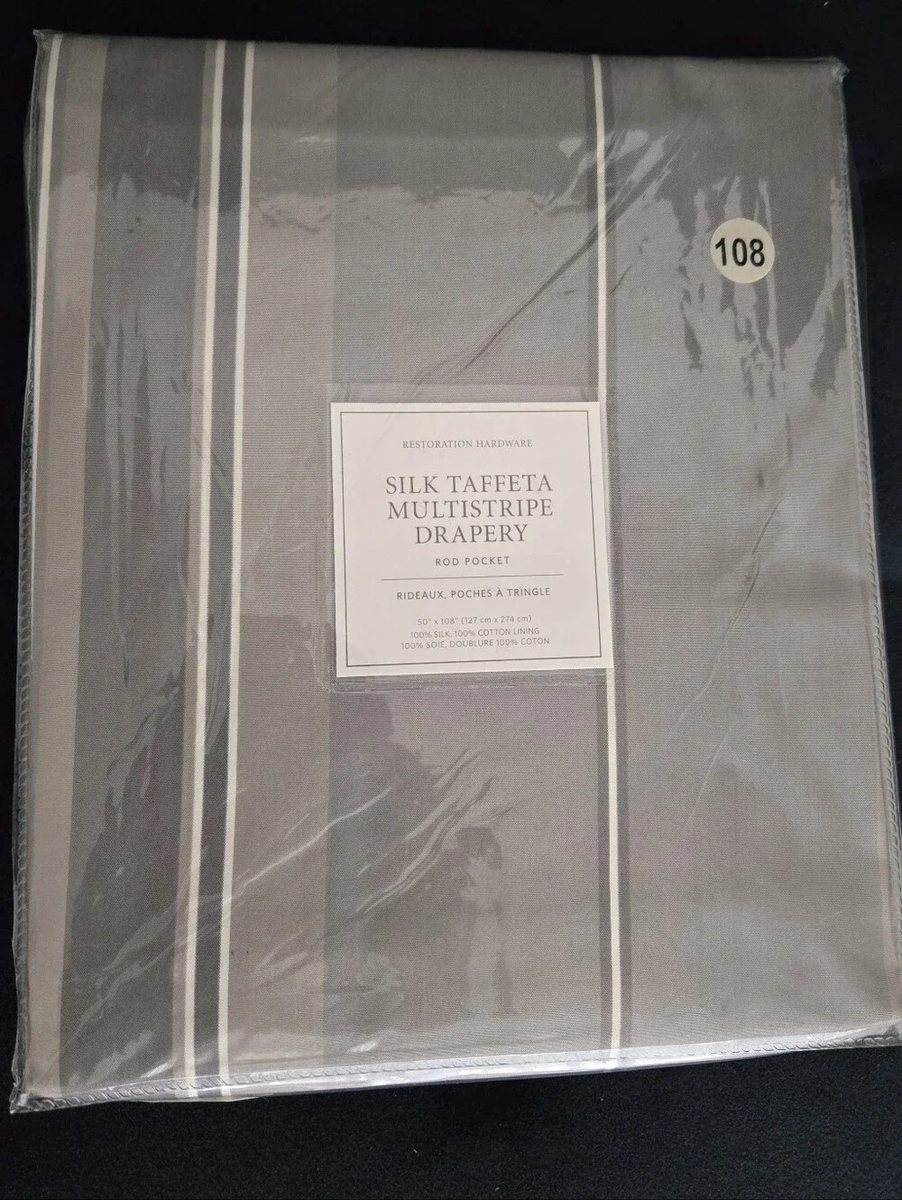 Restoration Hardware Silk Taffeta Multistripe Drapery FOG - 2 PANELS -One Price